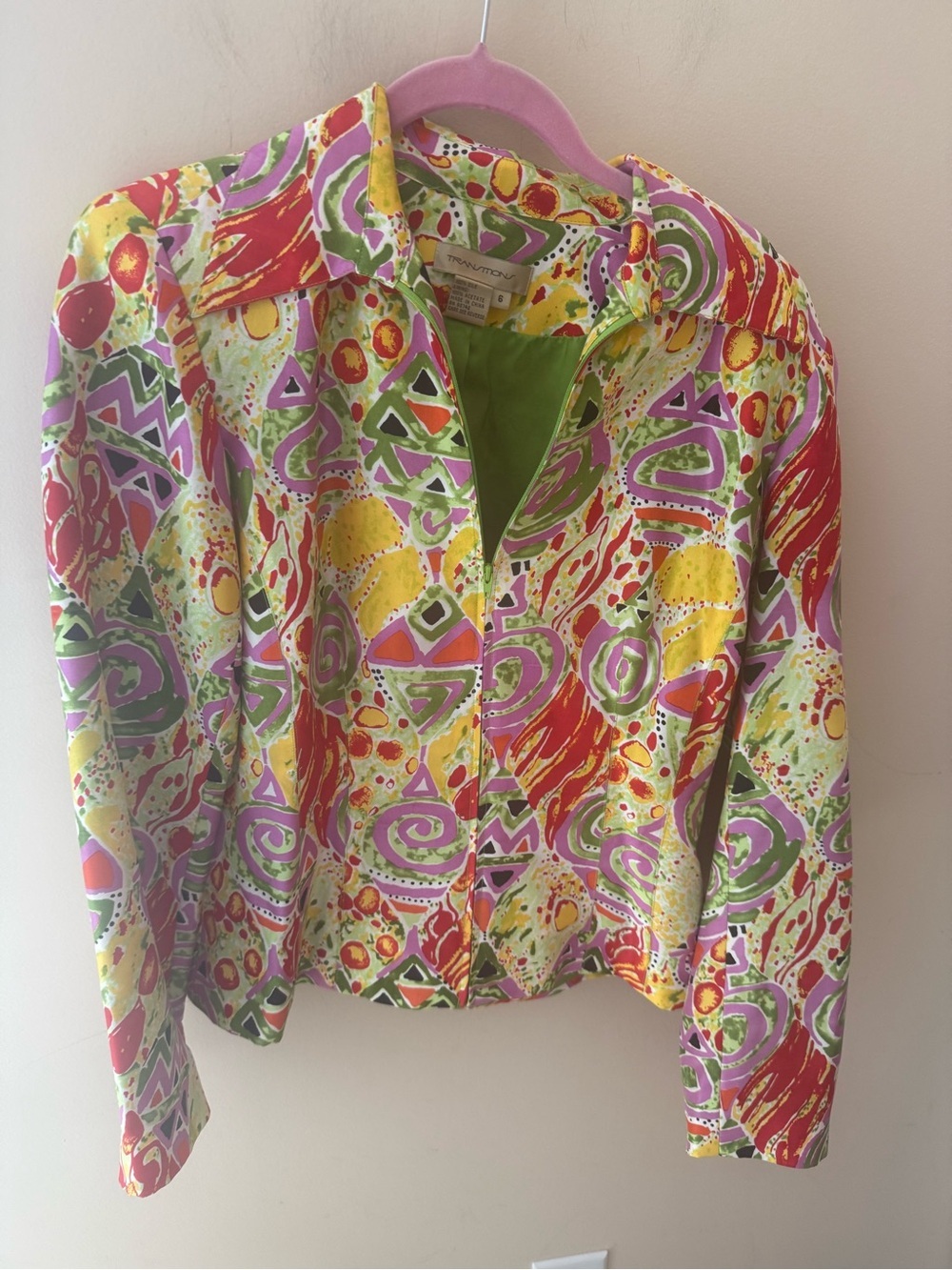 Transitions vintage 100% silk vibrant full zip lightweight jacket size 6